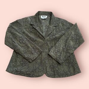 FLAX Blazer Jacket Womens S Olive Embroidered Floral Notch Lapel Single Breasted